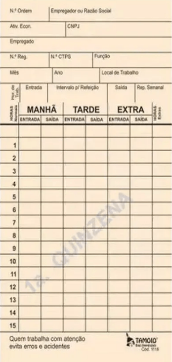 Cartão de Ponto Mensal com CNPJ Palha Tamoio Ref. 1116 - 100 unid